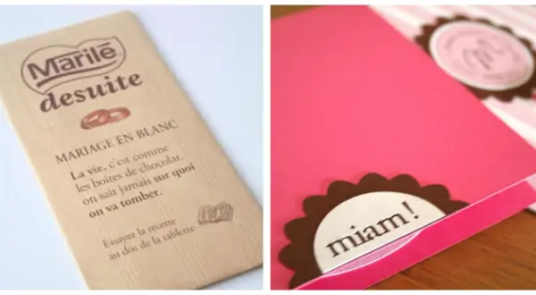 Tablette de chocolat "Mariage en blanc" et carte rose avec "miam!".