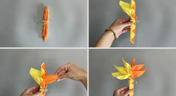 Étapes pour un pliage serviette palmier. Des mains plient des serviettes orange et jaunes pour créer une forme de palmier.