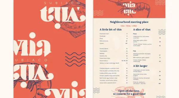 Menu à thème avec des illustrations de fruits de mer et des typographies audacieuses.