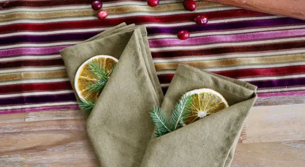 Un pliage serviette original avec une tranche d'orange séchée et une branche de sapin, sur une nappe rayée aux couleurs vives.
