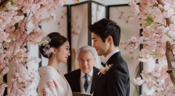 Un couple échange des regards tendres lors d'un mariage thème Japon, entouré de cerisiers en fleurs. L'officiant les observe avec un sourire.