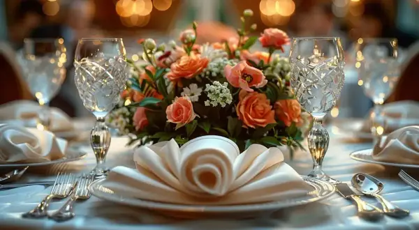 Une table dressée pour un mariage champêtre, avec un bouquet de roses corail, des verres ciselés et un pliage serviette élégant.