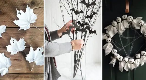 Idées de deco table halloween fait maison : feuilles fantômes, branches décorées de chauves-souris et couronne de petits fantômes en tissu.