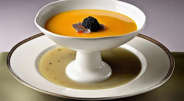 Un plat élégant pour servir la soupe : une bisque orangée garnie d'une mûre et de pétales, posée sur une assiette creuse contenant un bouillon clair.
