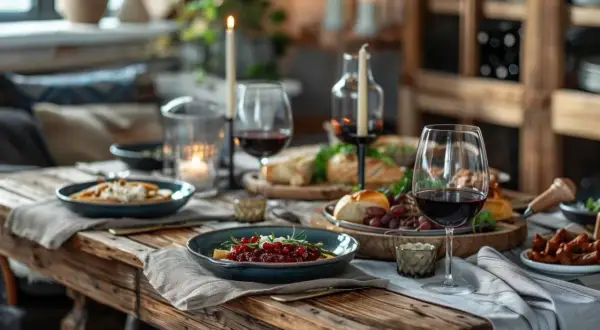 Table dressée pour un dîner intime, avec bougies, vin rouge et mets délicats. Une ambiance parfaite pour un texte invitation restaurant surprise.