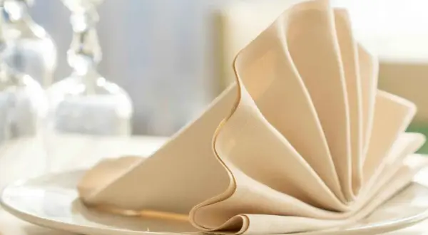 Un élégant modèle de serviette de table beige, plié en éventail sur une assiette blanche, prêt pour un repas raffiné.