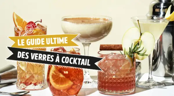 Le guide ultime des verres à cocktail présente divers types de verre cocktail, garni de fruits et d'épices.