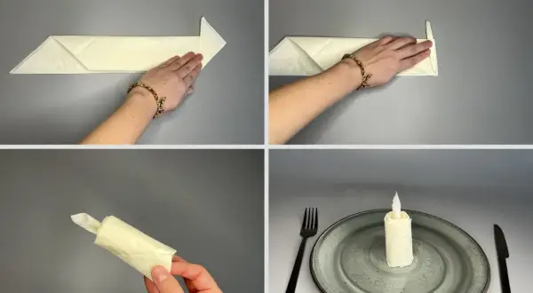 Étapes pour un pliage serviette bougie. Une main façonne la serviette pour créer une flamme. La bougie est prête sur une assiette.