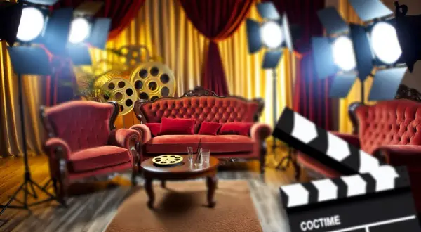 Ambiance de rêve pour une décoration thème cinéma à faire soi-même : fauteuils velours rouge, bobines de film, spots et claquette.