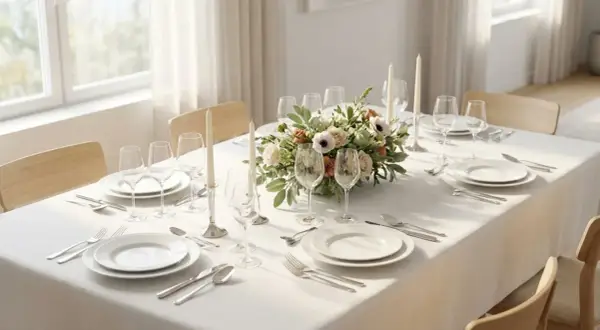 Une belle table est prête à recevoir : assiettes, verres, couverts et un centre de table floral. On sent l'envie de mettre la table pour un repas convivial.