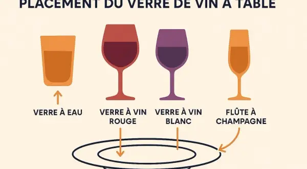 Placement des verres à table : verre à eau, verre à vin rouge, verre à vin blanc, flûte à champagne. Le verre à vin se place à droite ou à gauche selon le type.