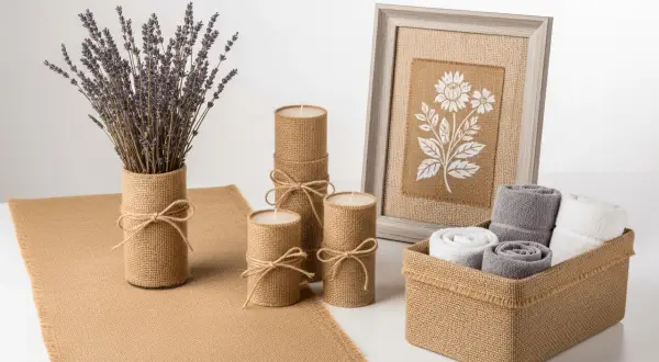 Ambiance champêtre avec des bougies et un vase en toile de jute. Une belle idée déco toile de jute pour un intérieur chaleureux.