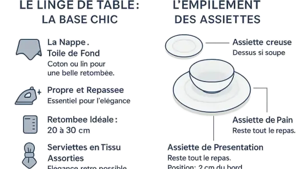 Illustration de la taille des verres à table et de l'empilement des assiettes, avec des conseils sur le linge de table.