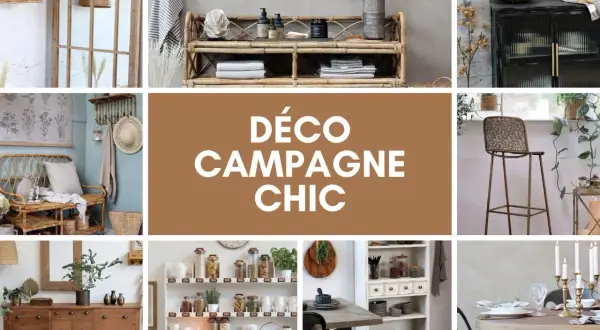 Ambiance campagne chic : rotin, bois brut, bocaux en verre, et touches végétales pour un intérieur chaleureux et élégant.