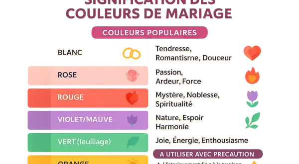 Signification des couleurs de mariage : blanc (tendresse), rose (passion), rouge (mystère), violet (nature), vert (joie), orange (prudence).