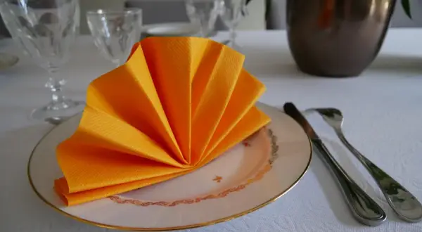 Pliage de serviette en papier 2 couleurs eventail sur une assiette, prêt pour un repas festif.
