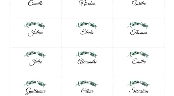 Marque-prenom pour table : Camille, Nicolas, Aurélie, Julien, Elodie, Thomas, Julie, Alexandre, Emilie, Guillaume, Céline, Sébastien.