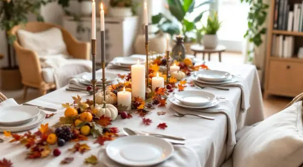 Idée pour comment décorer une nappe blanche : centre de table automnal avec citrouilles, feuilles, fruits et bougies.
