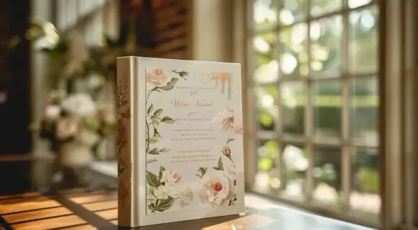 Un livret de cérémonie laïque orné de roses délicates, prêt à guider les invités à travers ce moment unique.