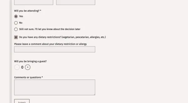 Formulaire d'invitation : nom, prénom, présence (oui/non/indécis), restrictions alimentaires, invités, commentaires. N'oubliez pas de rsvp avant le.