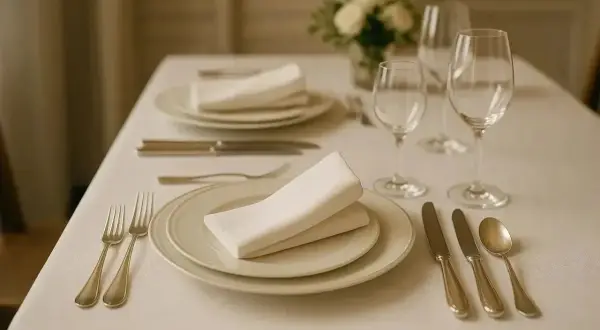 Une table dressée avec soin, illustrant la position des couverts à la française. Assiettes, verres et serviettes invitent à un repas élégant.