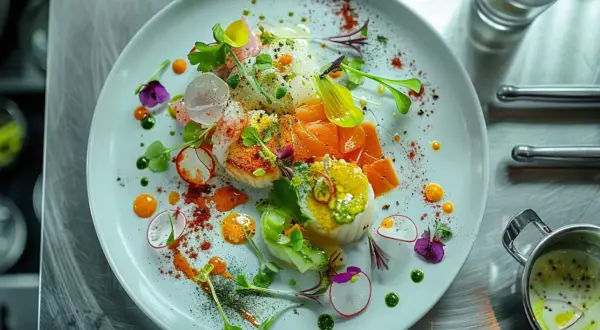 Un plat de poisson et saumon, joliment décoré de radis, herbes et fleurs comestibles. Un exemple de service à l'assiette raffiné.