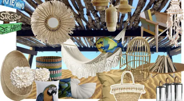 Inspiration pour la deco cabane de plage : hamac, coussins, paniers, lanternes, miroir en rotin, et un poisson coloré.