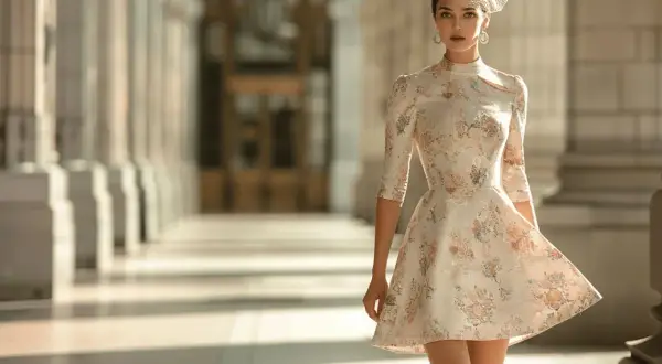 Une invitée élégante, robe fleurie, voile chic. Parfait pour savoir comment s'habiller pour un mariage.