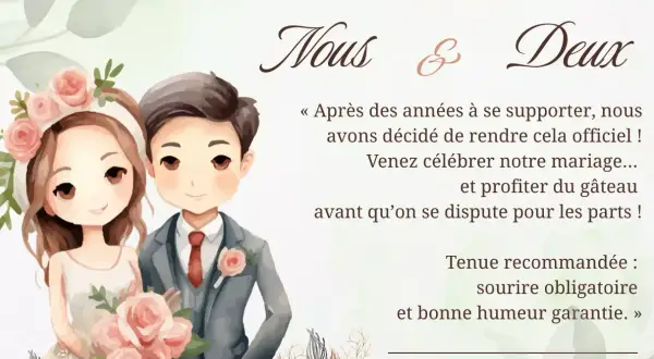 Illustration d'un couple marié, invitant à célébrer leur union. Un texte humoristique pour une cagnotte mariage.