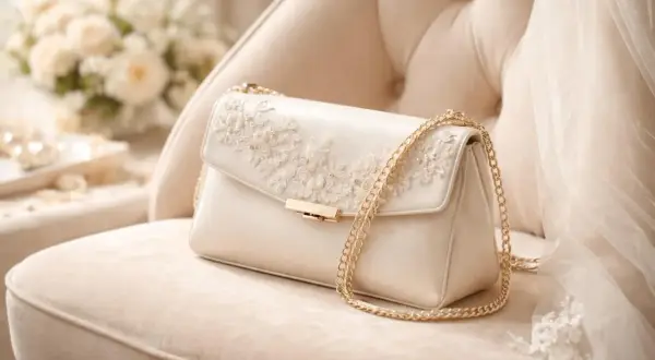 Pochette mariage champêtre en satin ivoire, ornée de dentelle florale et d'une chaîne dorée, posée sur un fauteuil crème.