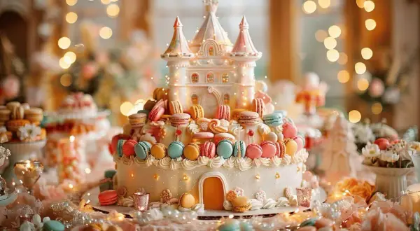 Un gâteau féerique orné d'un château et de macarons colorés, une véritable invitation à la gourmandise.