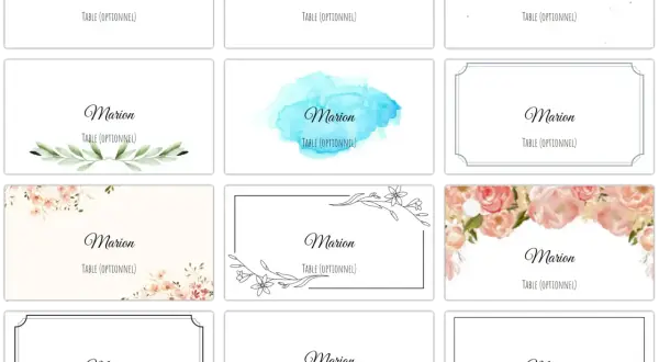 Diverses cartes de mariage avec le nom "Marion" et "Table (Optionnel)". Une belle idée marque place pour tous les styles.