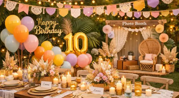 Une table de fête avec une **déco table thème musique** pour un 10ème anniversaire, ballons, guirlandes et un coin photo.