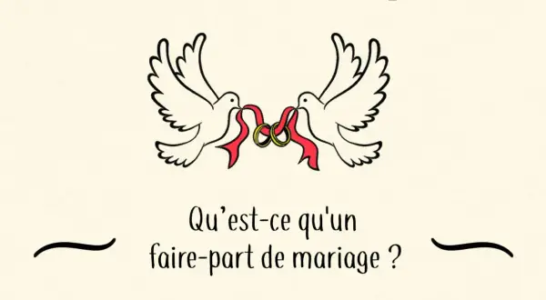 Deux colombes tiennent des anneaux de mariage avec des rubans rouges. La question "Qu'est-ce qu'un faire-part de mariage ?" est écrite en dessous.