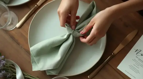 Mains créant un pliage serviette simple et beau, vert pâle, sur une assiette blanche. Une table dressée pour un repas élégant.