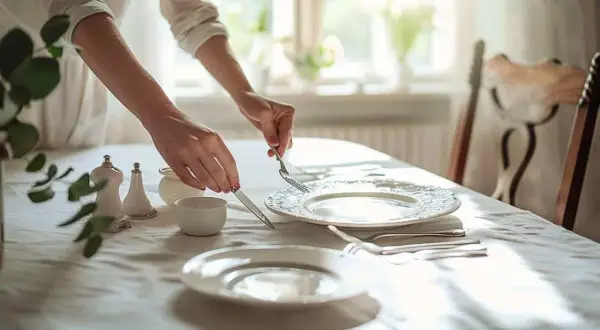 Mains ajustant la position des couverts à la fin du repas, sur une table dressée avec soin.