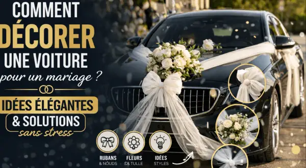 Comment faire décoration voiture mariage : idées élégantes pour un jour parfait. Voitures ornées de fleurs et rubans blancs.