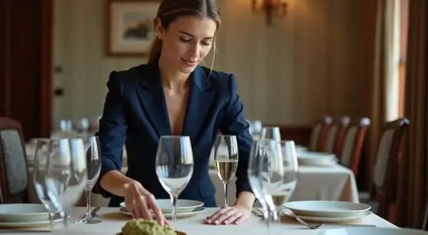 Une femme prépare une table, plaçant une petite coupelle verte. La différence entre verre et cristal est subtile, mais la qualité se voit.