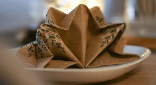 Une serviette en papier marron avec des motifs végétaux verts est pliée en forme d'étoile sur une assiette blanche. Ce pliage serviette triangle ajoute une touche festive.