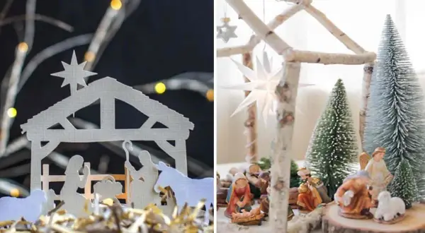 Deux crèches de Noël originales : une silhouette blanche stylisée et une scène plus traditionnelle avec des figurines et des sapins.
