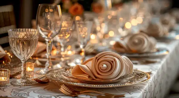 Un élégant noeud serviette mariage en forme de rose sur une assiette dorée, entouré de verres scintillants et de bougies.