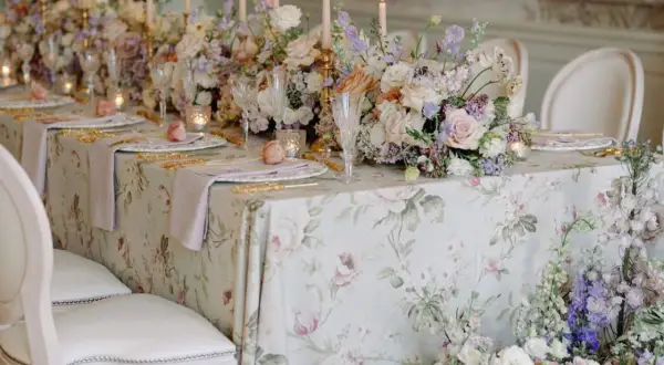 Magnifique table dressée pour un mariage de froment, avec des fleurs pastel, des bougies et une nappe à motifs floraux.