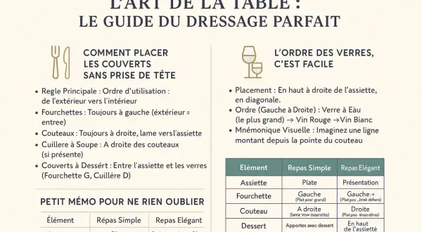 Guide pour dresser la table : couteaux à droite, fourchettes à gauche. L'ordre des verres, c'est facile, pas de pain à gauche ou à droite.