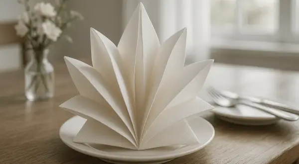 Une serviette en papier pliée en accordéon sur une assiette, prête pour un repas. Un bouquet de fleurs est visible en arrière-plan.