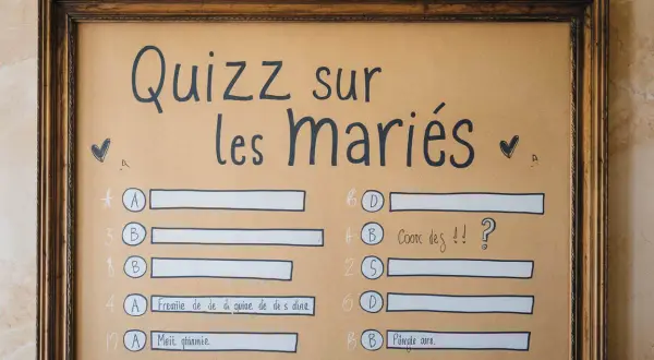 Un jeu mariage questions invités pour tester les connaissances sur les mariés. Le quiz est écrit à la main sur un fond brun.