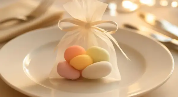Une boîte à dragées chic sur une assiette blanche, remplie de bonbons pastel.