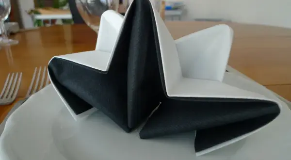 Pliage serviette accordéon 2 couleurs, noir et blanc, formant une étoile sur une assiette blanche.