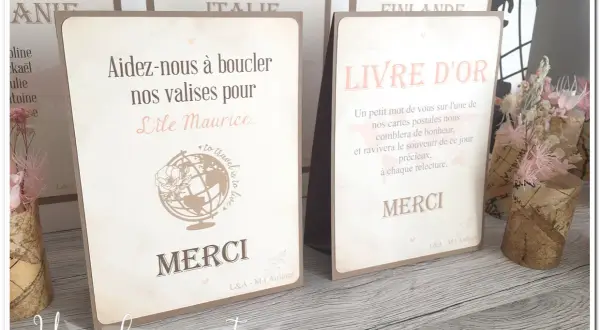 Un **livre** d'or et une carte "Aidez-nous à boucler nos valises pour l'Île Maurice" sur une table en bois, décorés de fleurs séchées.