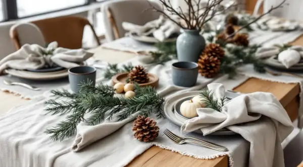 Une table dressée dans un esprit deco table nature chic, avec des pommes de pin, des branches de sapin et de petites citrouilles blanches.