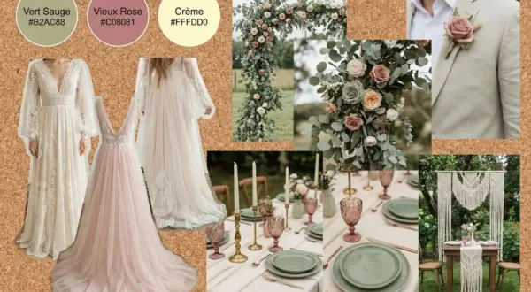 Inspiration déco mariage bohème à faire soi-même : robes fluides, arche florale, table dressée, macramé. Palette douce : vert sauge, vieux rose, crème.